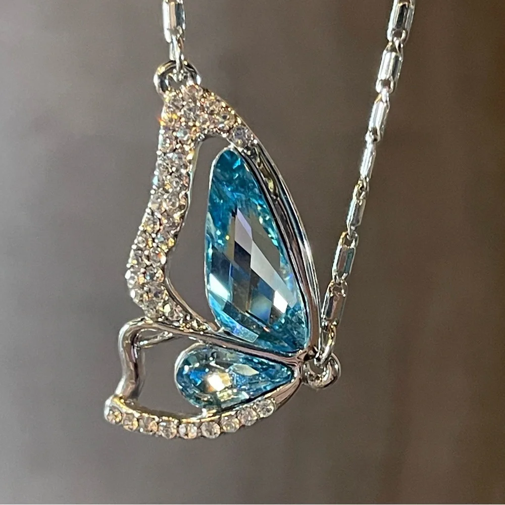 Blue & Silver Crystal Butterfly Wing Necklace - Picture 3 of 9